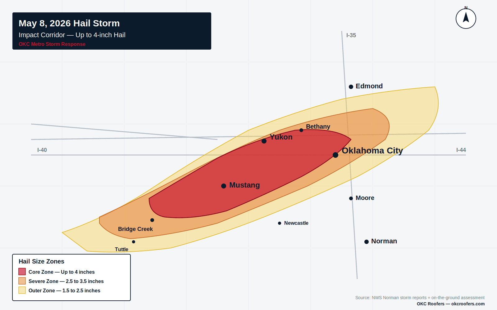 May 8, 2026 hail storm impact corridor map showing damage zone through Mustang, Yukon, and west Oklahoma City