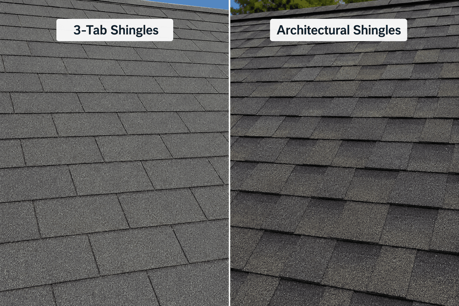 Side-by-side comparison of 3-tab and architectural asphalt shingles on residential roofs.