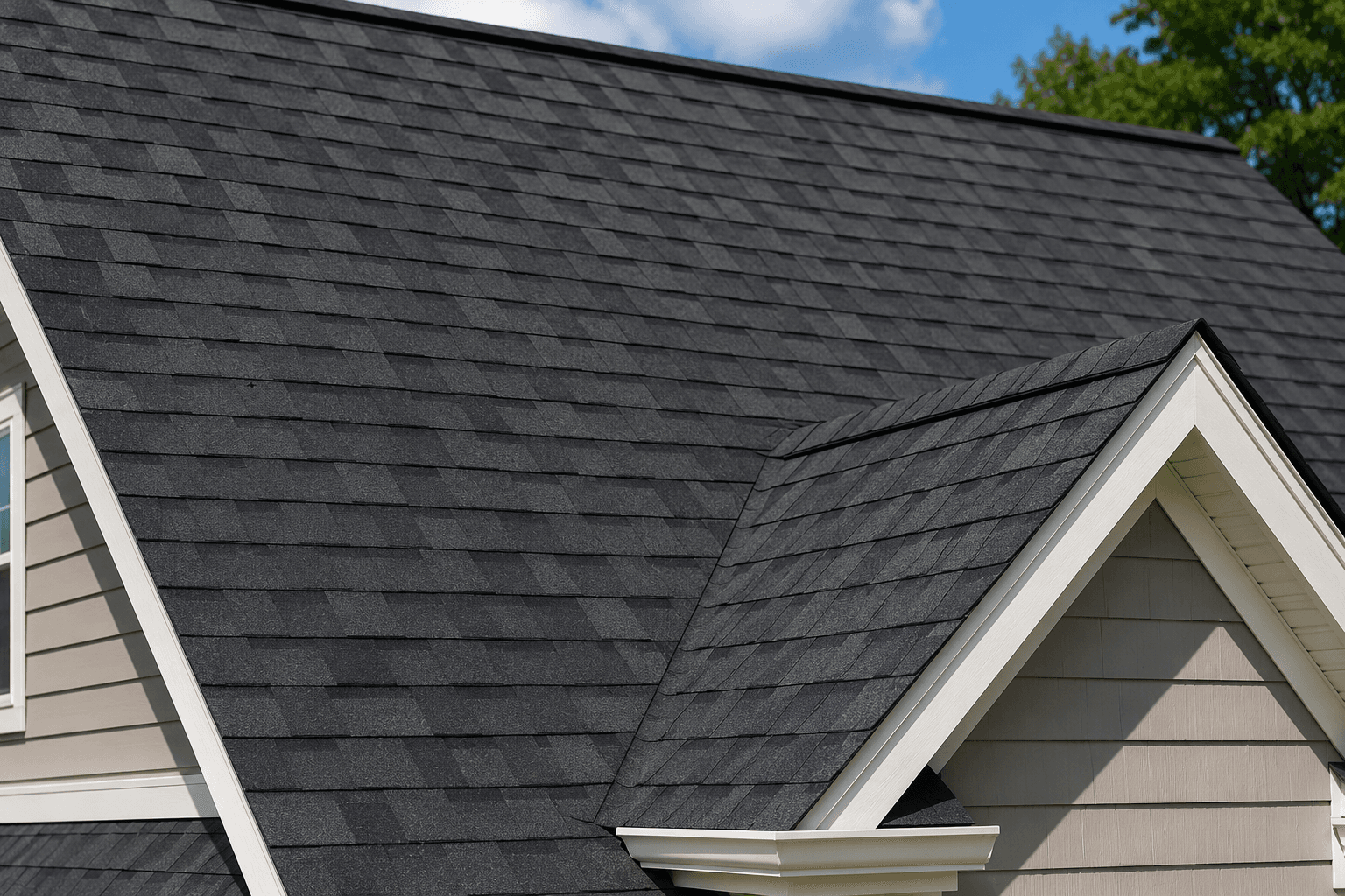 Close-up of a residential roof covered with dark gray GAF architectural shingles.