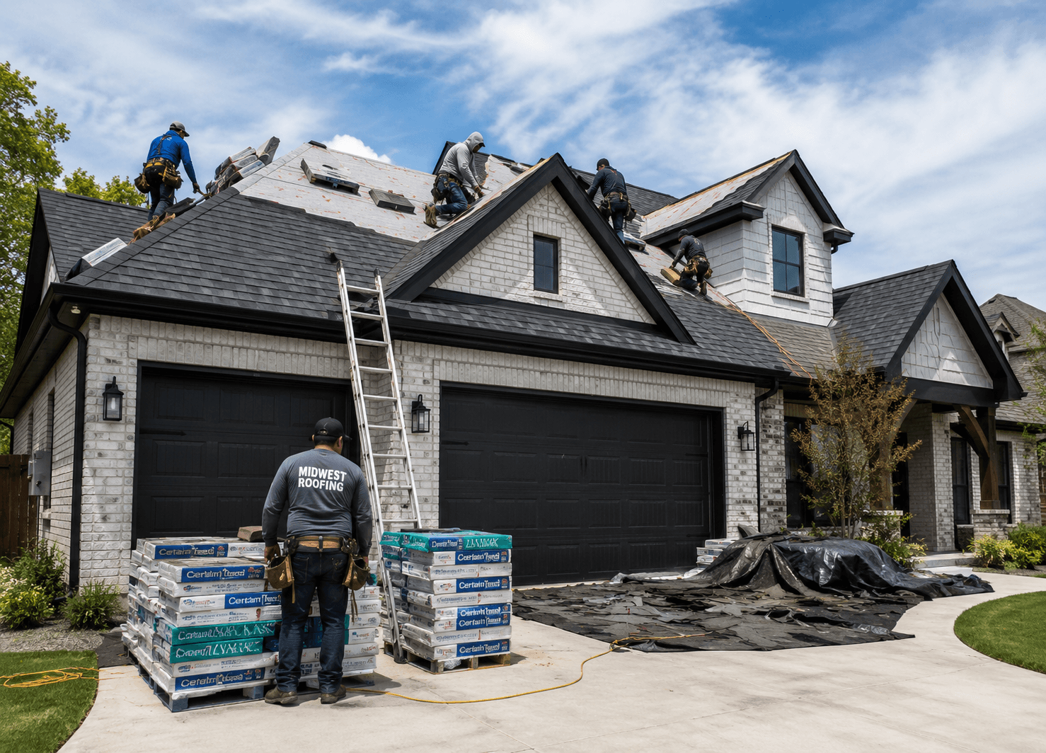 Roofing company replacing a residential roof in Midwest City, Oklahoma.