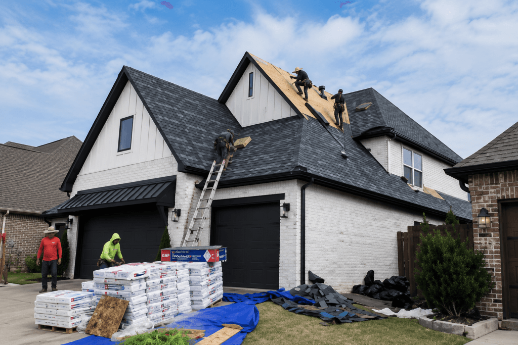 Professional roofing company replacing a residential roof in El Reno, OK