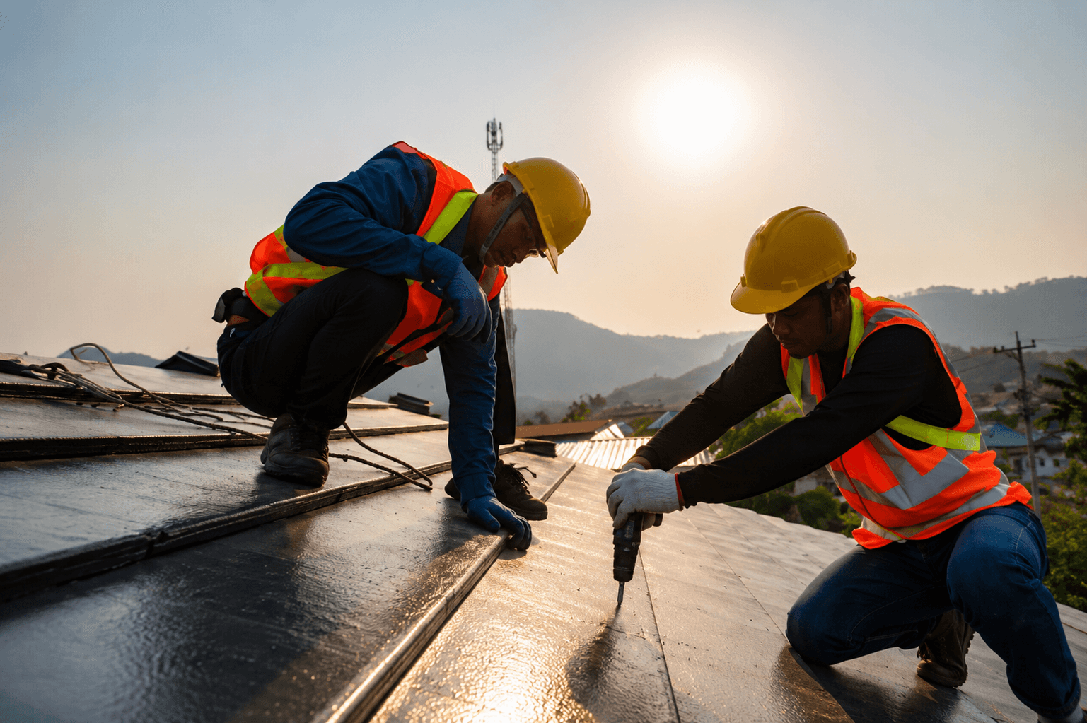 Experienced roofers installing a standing seam metal roof at sunrise.