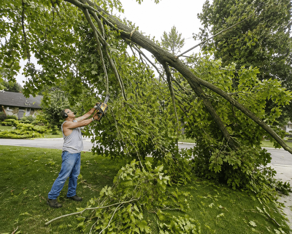 A man wearing safety headphones uses a chainsaw to cut a large fallen tree