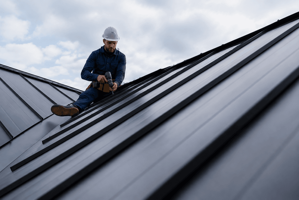 Roofing contractor in dark blue workwear installing a standing seam metal roof with a power drill under a cloudy sky.